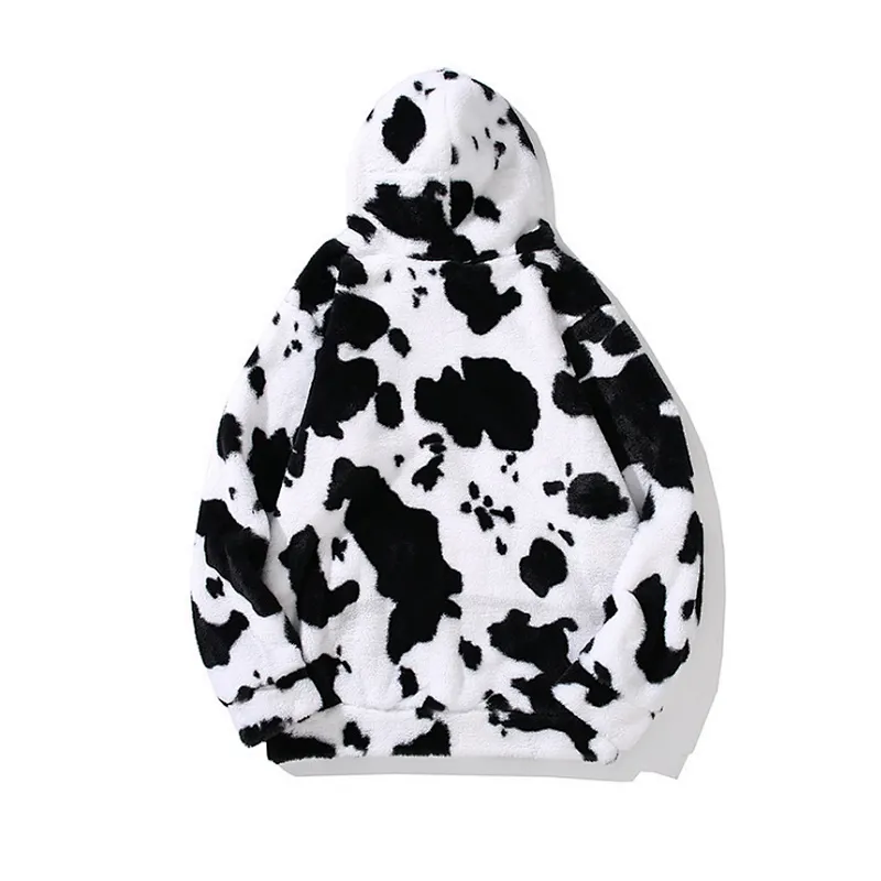 Unisex Kangaroo Pocket Hooded Sweatershirt Cow Printing Sherpa Hoodie Fleece pullover