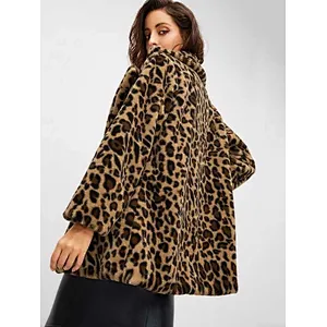 Womens Cow Print Faux Fur Teddy Coat Notch Collar Leopard Print Sherpa Fleece Pullover