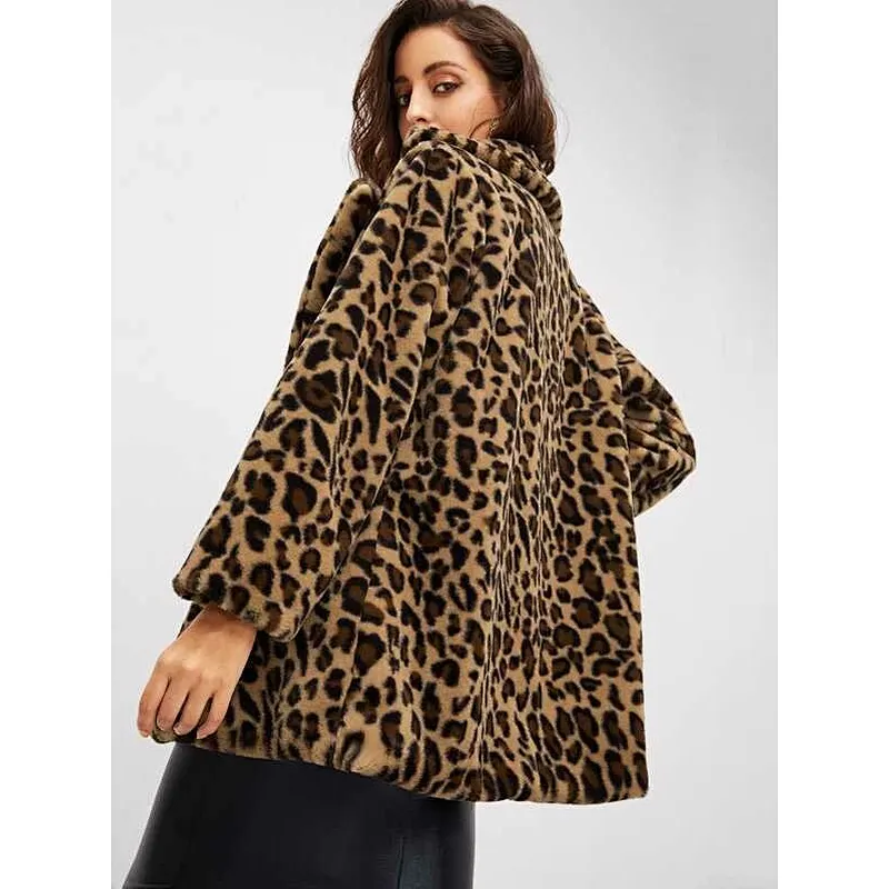 Womens Cow Print Faux Fur Teddy Coat Notch Collar Leopard Print Sherpa Fleece Pullover
