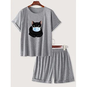 2021 Amazon new arrival  women pajamas summer pajamas large-size printed short-sleeved pajamas