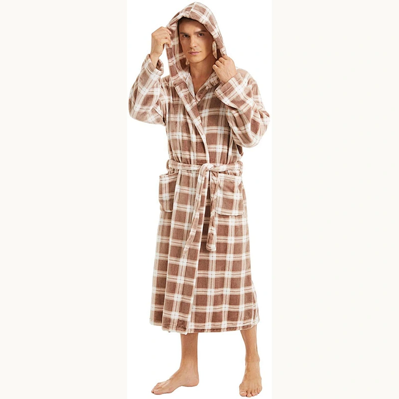 2021 new  Men Fleece Robe Warm Soft Plush Light weight Hooded Robes Shawl Collar Spa Bathrobe