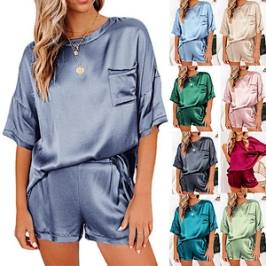 2021Amazon spring summer new pure color silk pyjamas home dress short sleeve shorts irregular two sets