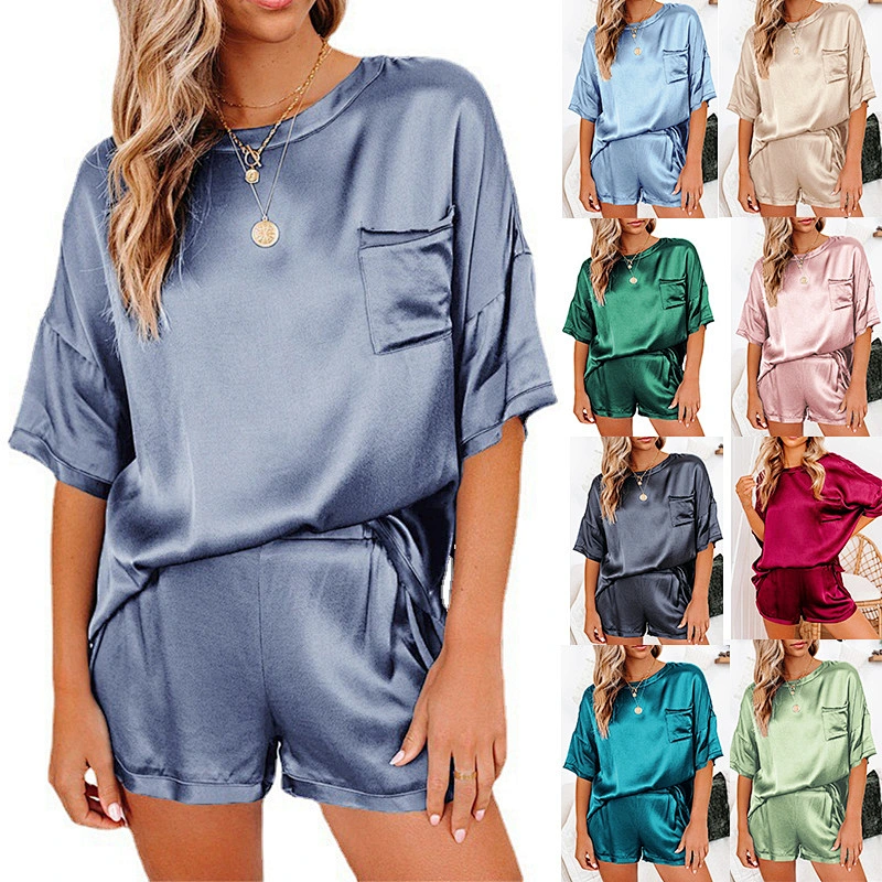 2021Amazon spring summer new pure color silk pyjamas home dress short sleeve shorts irregular two sets