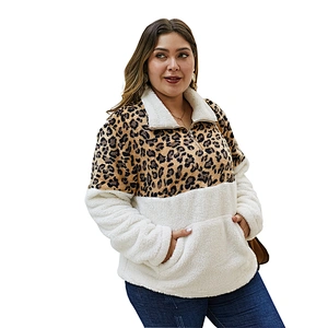 Kangaroo Pocket Womens Oversized Sweatshirt Fuzzy 1/4 zipper Plus Size Leopard Print Sherpa Fleece Pullover