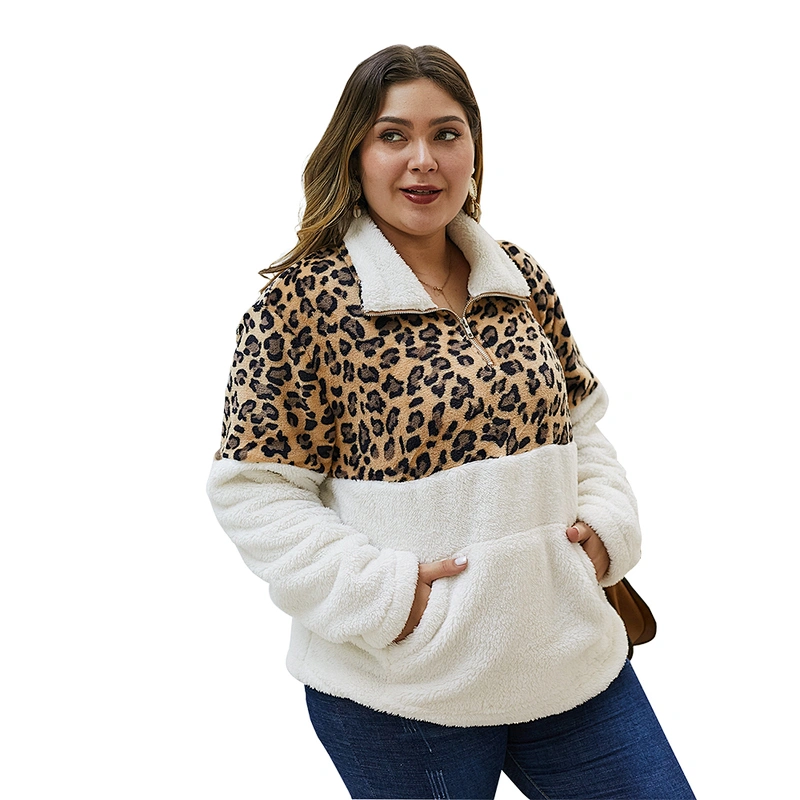 Kangaroo Pocket Womens Oversized Sweatshirt Fuzzy 1/4 zipper Plus Size Leopard Print Sherpa Fleece Pullover