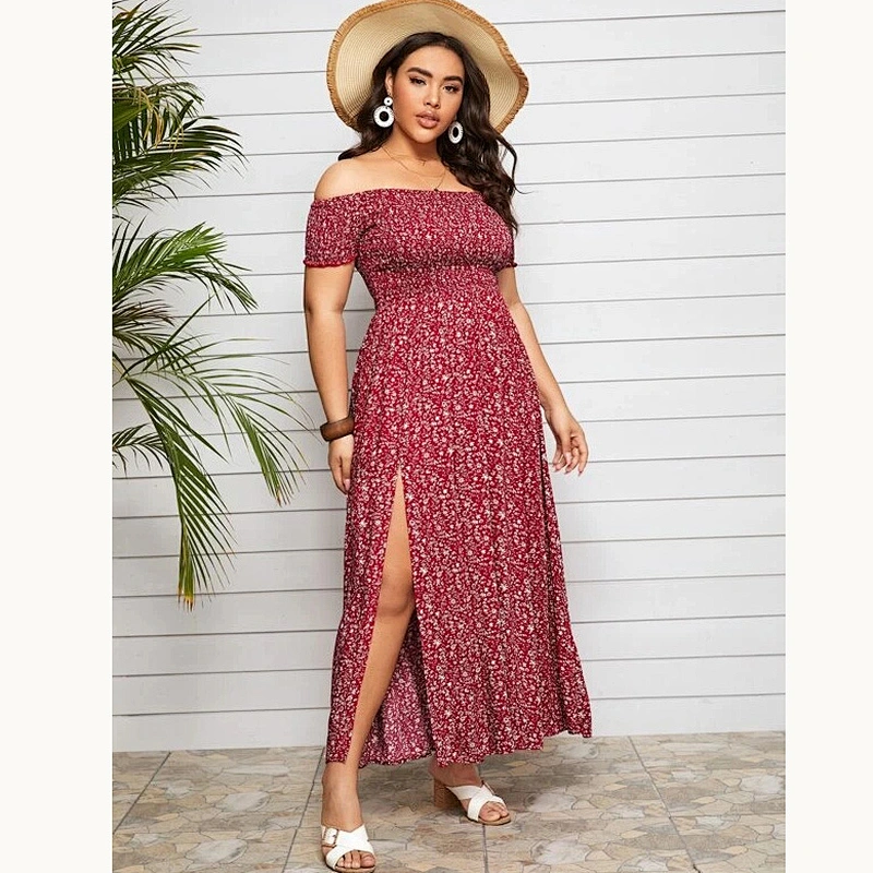 2021 New Plus Off Shoulder Shirred Split Ditsy Floral Dress