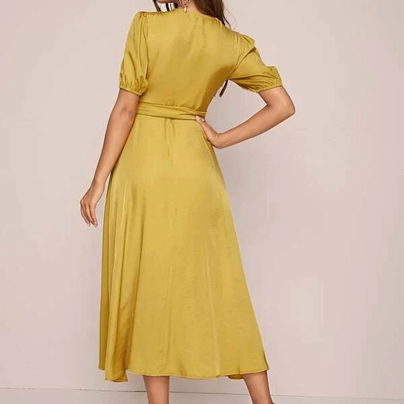 2021 New Arrival Twist Front Puff Sleeve Self Tie Dress Sexy Cusual Lady Dress