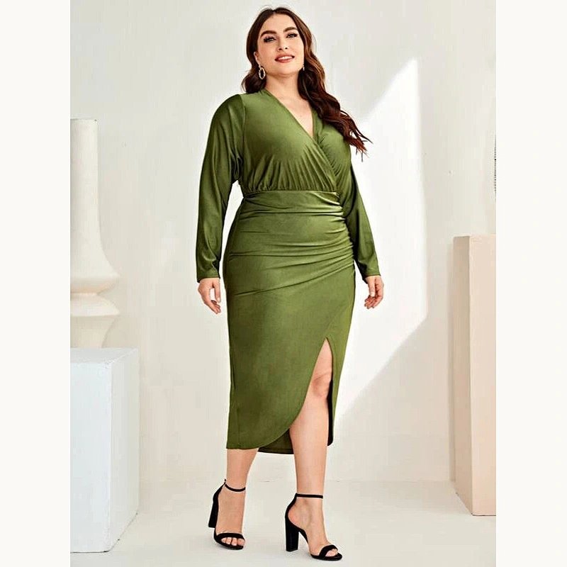 2021 New Plus Ruched Split High Wrap Solid Bodycon Dress