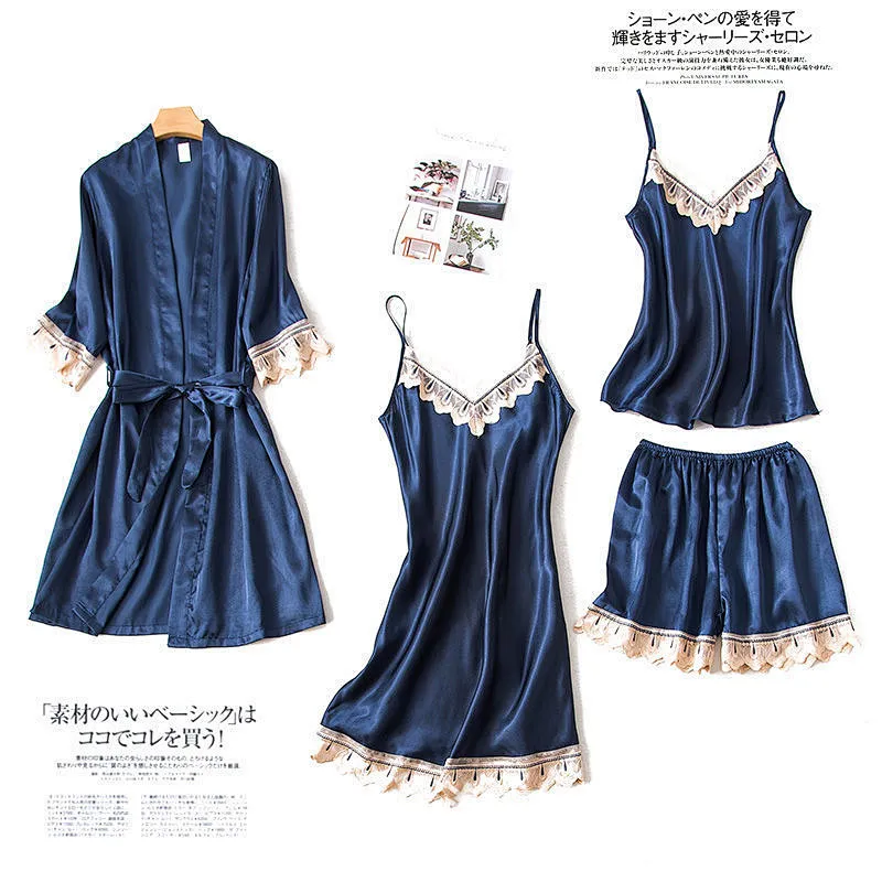 2021Amazon pajamas set 4pcs ice silk pajamas with chest sexy pajamas