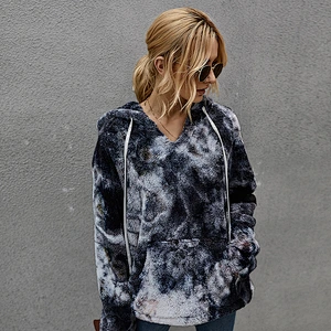 Women's Fuzzy Fleece Tie Dye Pullover Oversized Sherpa Long Sleeve Tops with Pockets