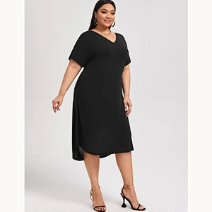 2021 New Plus V-neck Batwing Sleeve Midi Tee Dress