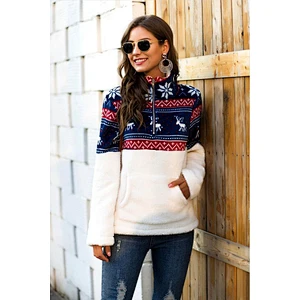 2021 Christmas Womens Patchwork Sweatshirt Turtleneck Quarter Zip Sherpa Fleece Outwear Pullover