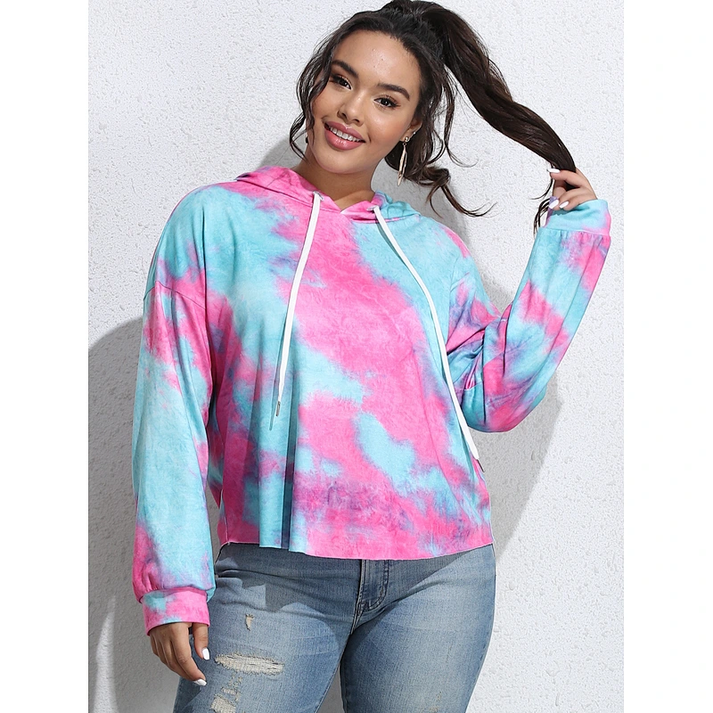 Custom Logo Women's Long Sleeve Sweatshirt Plus size Tie Dyed Crop Hoodies Pullover