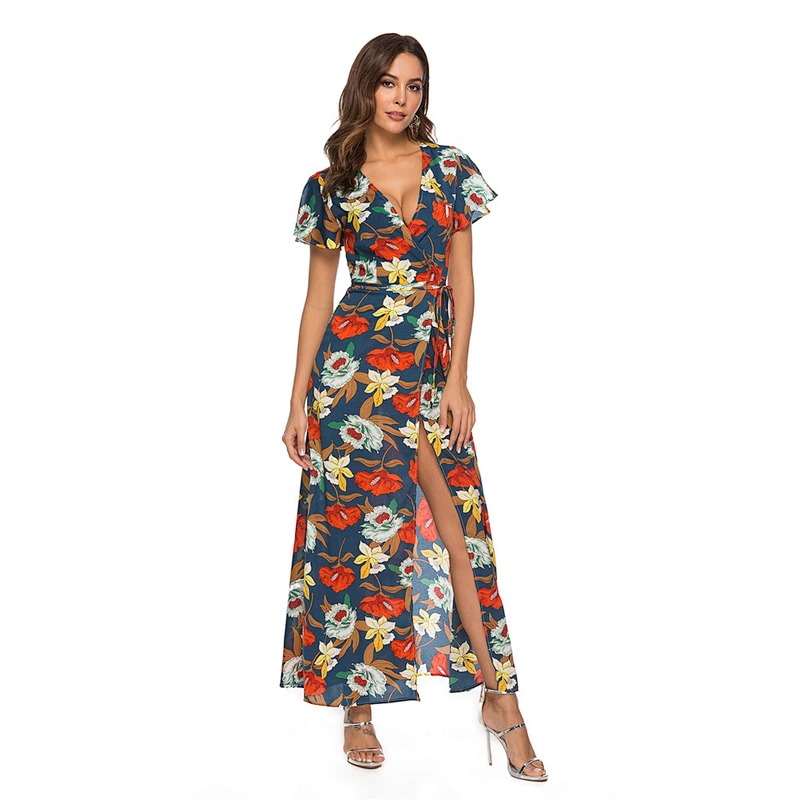 2021 Summer new Bohemian V-neck long print slit dress chiffon beach dress