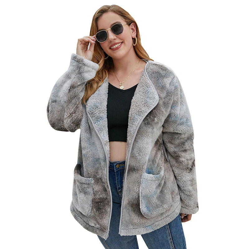 Womens Plus Size (L-5XL) Front Open Tie Dyed Sherpa Fleece Pullover, Oversized Tie Dye Teddy Coat