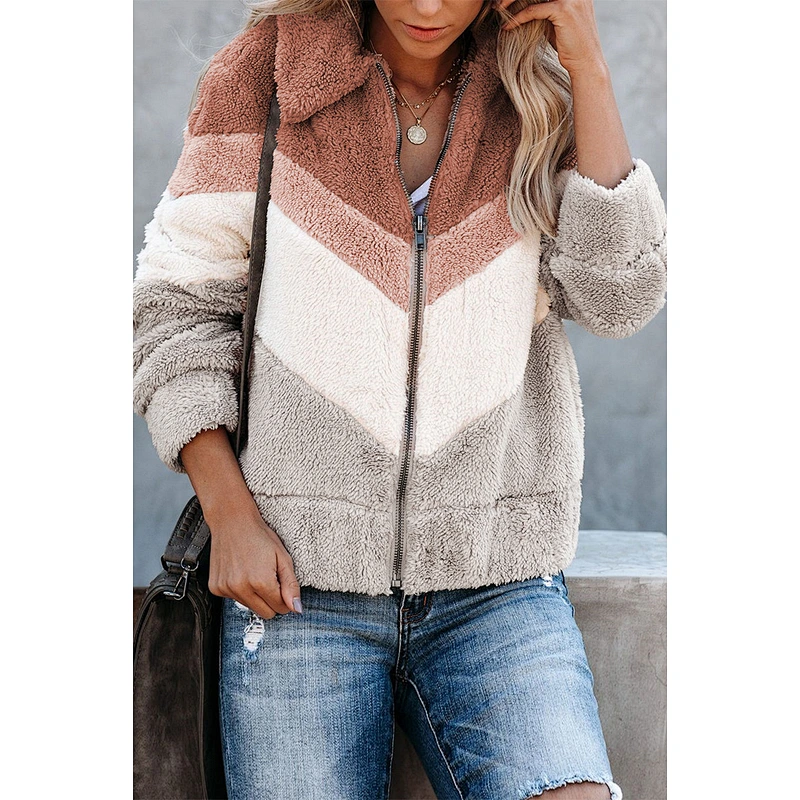 Women's Zip up Polar Sweatershirt Patchwork Sherpa Bomber Fleece Jacket pullover
