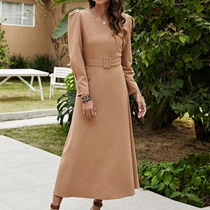2021 New Arrival Solid Belted A-line Dress Fashion Office Lady Dress
