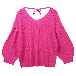 Amazon Top Women's lantern sleeves Off Shoulder Knit Jumper Pullover Tops V-neck Loose backless Sweater