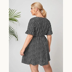 2021 New Plus All Over Print Flounce Short Sleeve Dress Printed dress O Neck