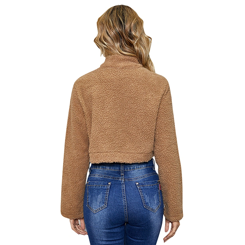 2021 Amazon Hot Womens 1/2 Zip-up Fuzzy Sweatershirt Cropped Bomber Sherpa fleece pullover