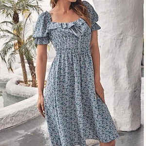 2021 New Arrival Tie Front Ruffle Trim Ditsy Floral Dress Office Dress Street Dress Casual Dress