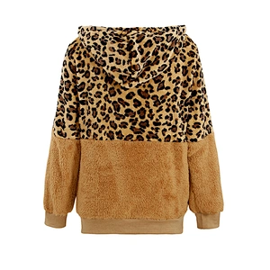 Womens Two Side Belt Teddy Coat Full Zipper Leopard Pattern Sherpa Fleece Hoodies Pullover