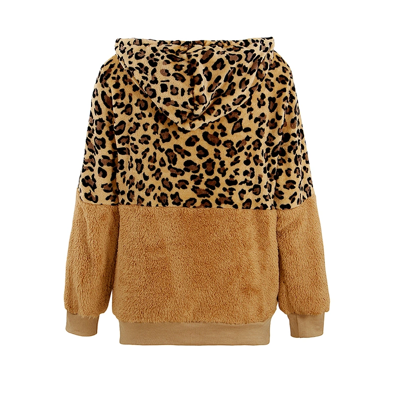 Womens Two Side Belt Teddy Coat Full Zipper Leopard Pattern Sherpa Fleece Hoodies Pullover