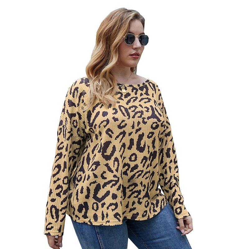 Amazon Top Selling  Women Plus Size Leopard Print Sweater Tops Long Sleeve Pullover Blouse