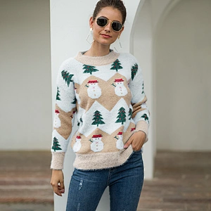 Winter Fashion Ladies Knitting Pullover Snowman Tree Pattern Pink Fuzzy Christmas Sweater