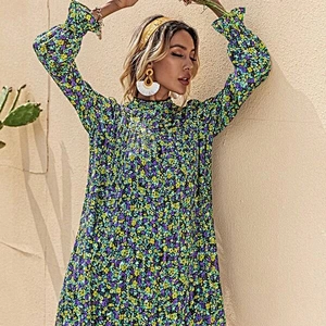 2021 New Arrival Ditsy Floral Pleated Mock Neck Dress ladies dresses elegant