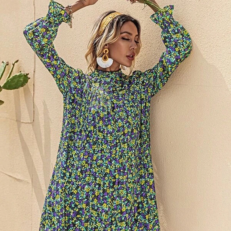 2021 New Arrival Ditsy Floral Pleated Mock Neck Dress ladies dresses elegant