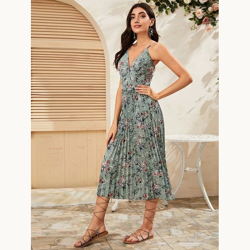 2021 New Floral Print Pleated Slip Dress