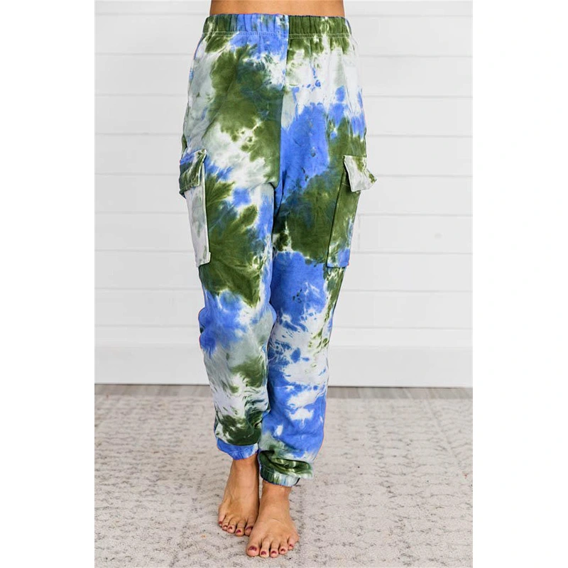 Fashion Women Apparel Cotton Side bigger pockets Waist Full Length Tie Dye Harem Jogger Pants