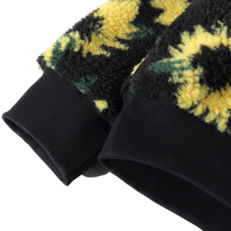 2021 New Arrival Sunflower Printed Lamb Wool Sweatshirt Front Belt Sherpa Fleece Hoodies