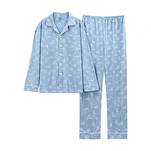 Wholesal Men long sleeve 100% cotton pajamas set Plus size solid color cardigan trousers cousal Comfy Pants Two Pieces Sets