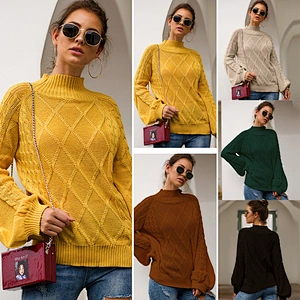 Wholesale New Design Ladies Top Loose Long Sleeve High Neck Yellow Knit Sweater Pullover