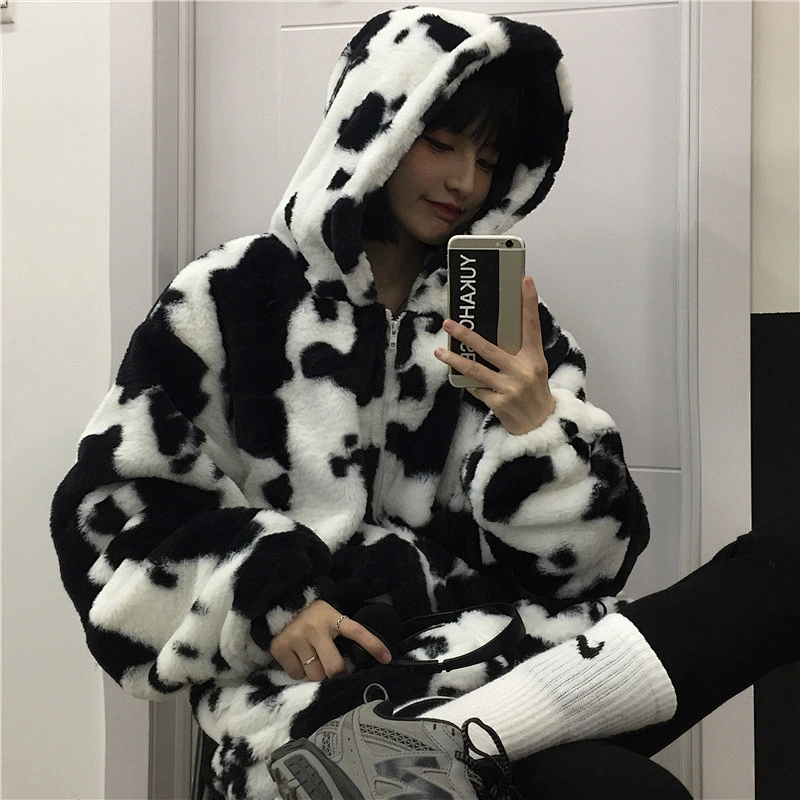 Fuzzy Cow Color Printing Plush Hooded Coat Sweatershirt Full Zip Fleece Hoodeis Sherpa Jacket Pullover