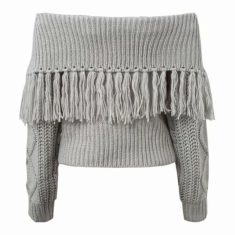 Wholesale Latest Design Womens Fall Thick Knitted Sexy Slash Tassel Sweater