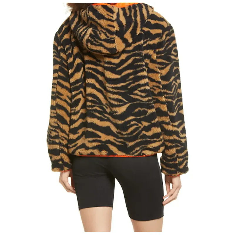 Custom Logo Winter Warm Teddy Coat Fax Fur Outwear Full Zipper Zebra Printing Sherpa Fleece Bomber Jacket