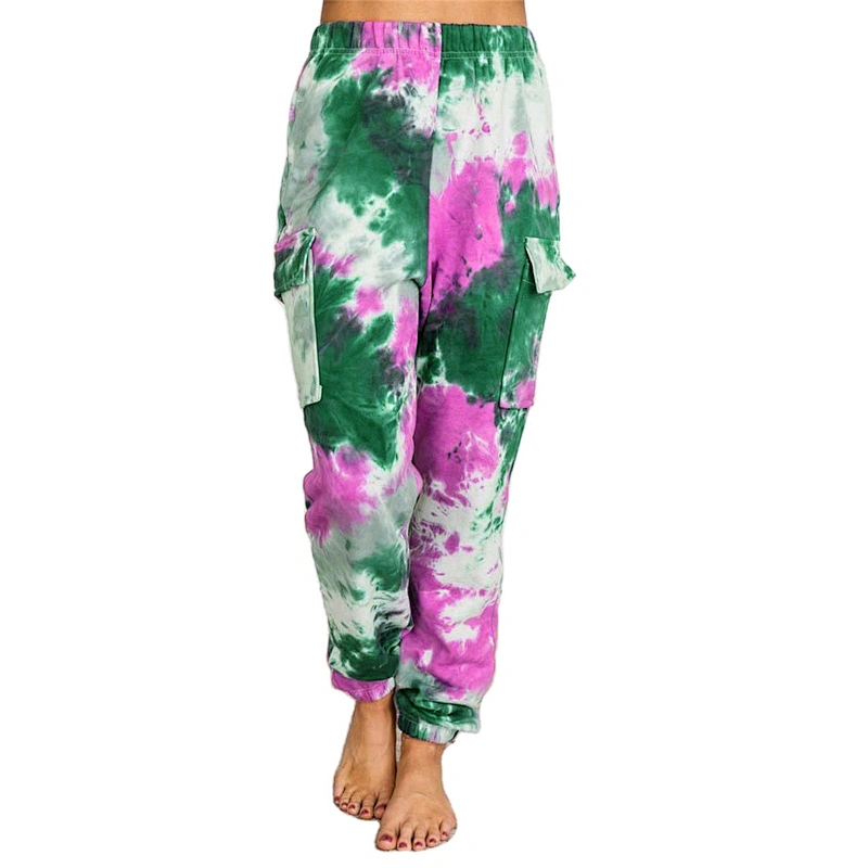 Fashion Women Apparel Cotton Side bigger pockets Waist Full Length Tie Dye Harem Jogger Pants