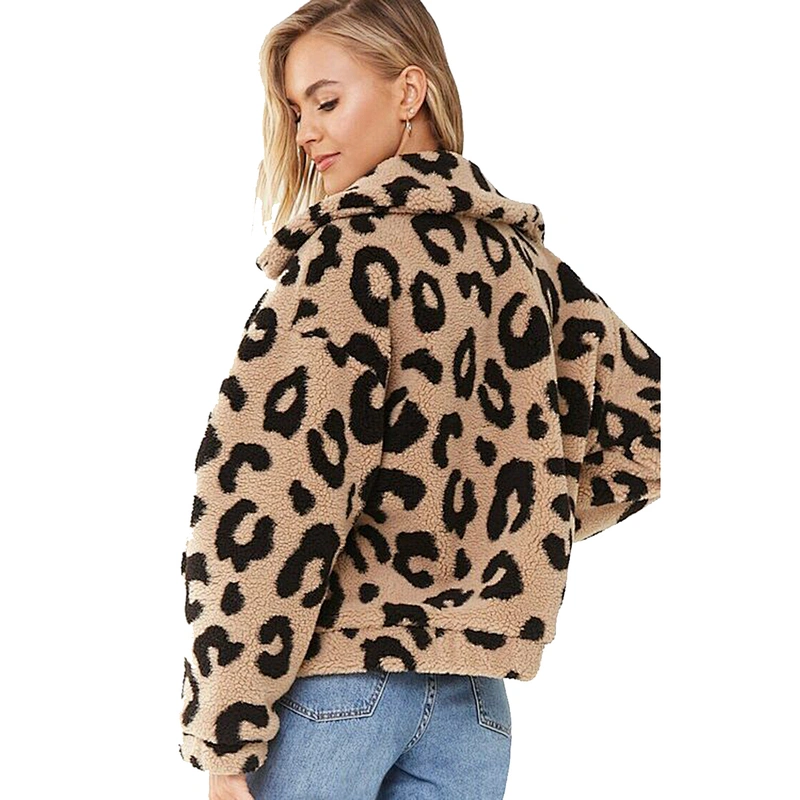 Custom Logo Womens Winter Jacket Outwear Leopard Print Full Zipper Sherpa Fleece Jacket
