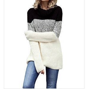 Women Color Blocked Turtleneck Long Sleeve Pullover Sweater