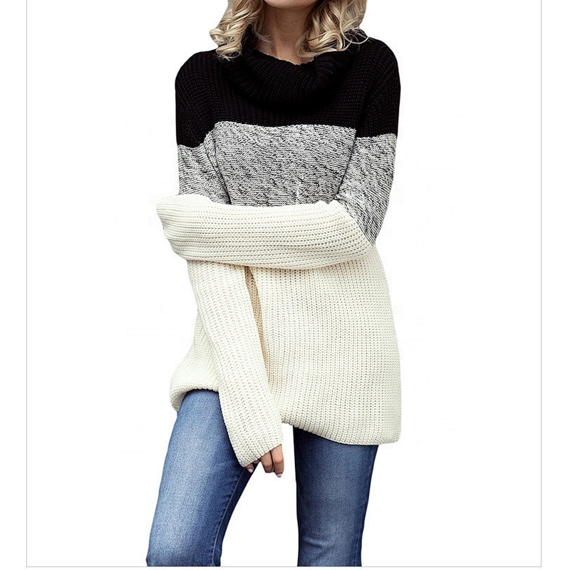 Women Color Blocked Turtleneck Long Sleeve Pullover Sweater