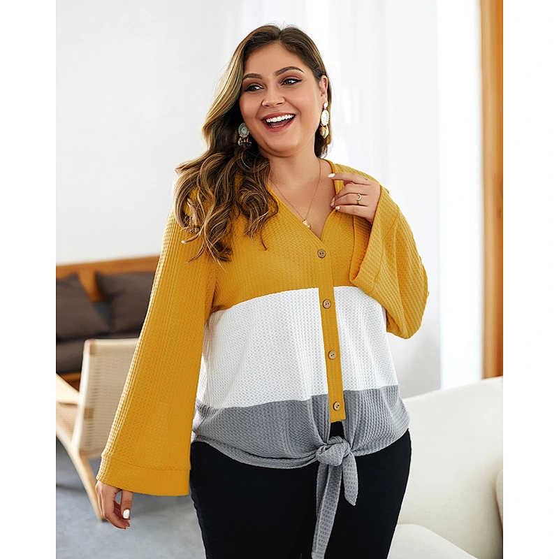 Women Plus Size Pullover Sweaters Ruffle Sleeve Patch work Knitted V- Neck Full Button Warm Sweater Tops