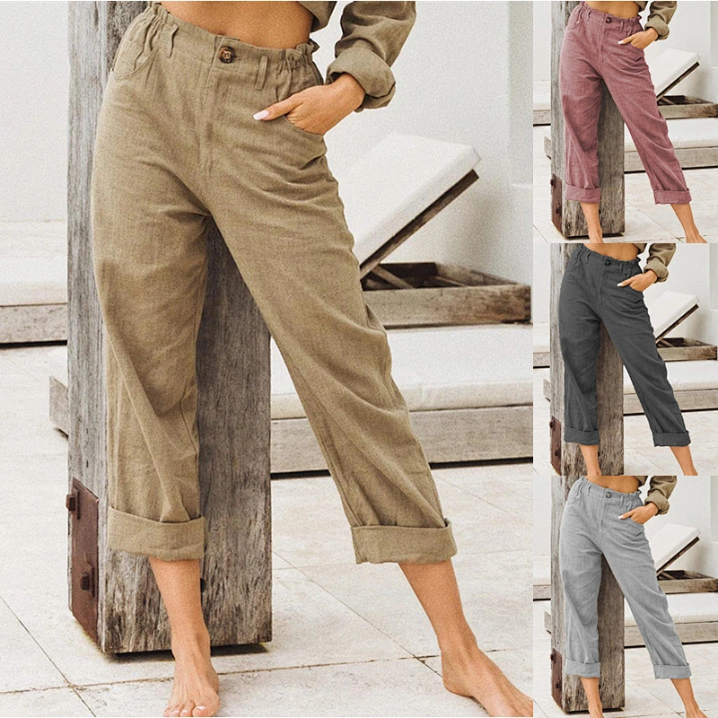 Factory sale Wish and Amazon's new style pure color cotton linen trousers women's fashion loose-waisted slacks