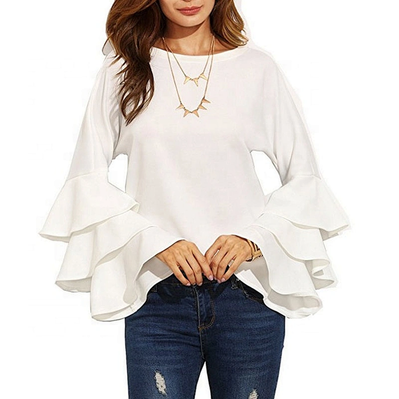 Long Sleeve White Crew Neck Ruffle Shirt Ladies Work Wear Chiffon Blouse