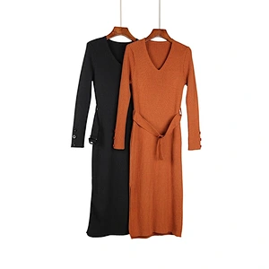 Custom Logo Womens Over-knee Long Sweater Dress  V-Neck Front Belted knitted Tunic Sweater Dress Pullover