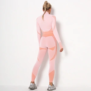 Latest Design Jacquard seamless zipper yoga suit 2PCS women's knitted hip lifting stretch gym pants sport yoga set