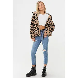 Custom Logo Womens Winter Jacket Outwear Leopard Print Full Zipper Sherpa Fleece Jacket