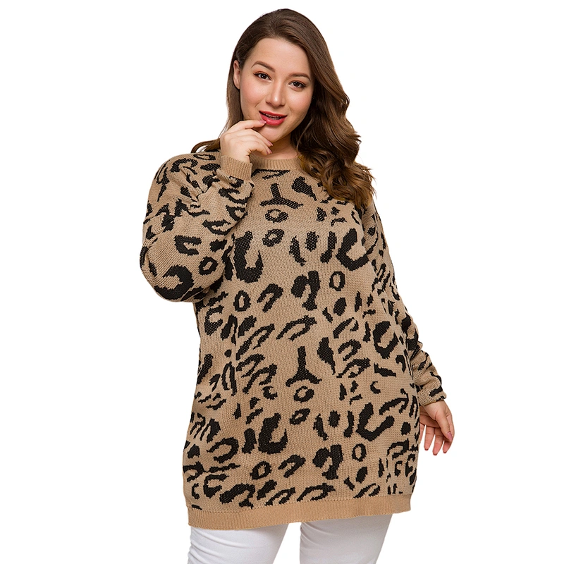 Fashion winter fat Women Pullover Crew Neck Loose Casual Leopard Print Oversize Sweater